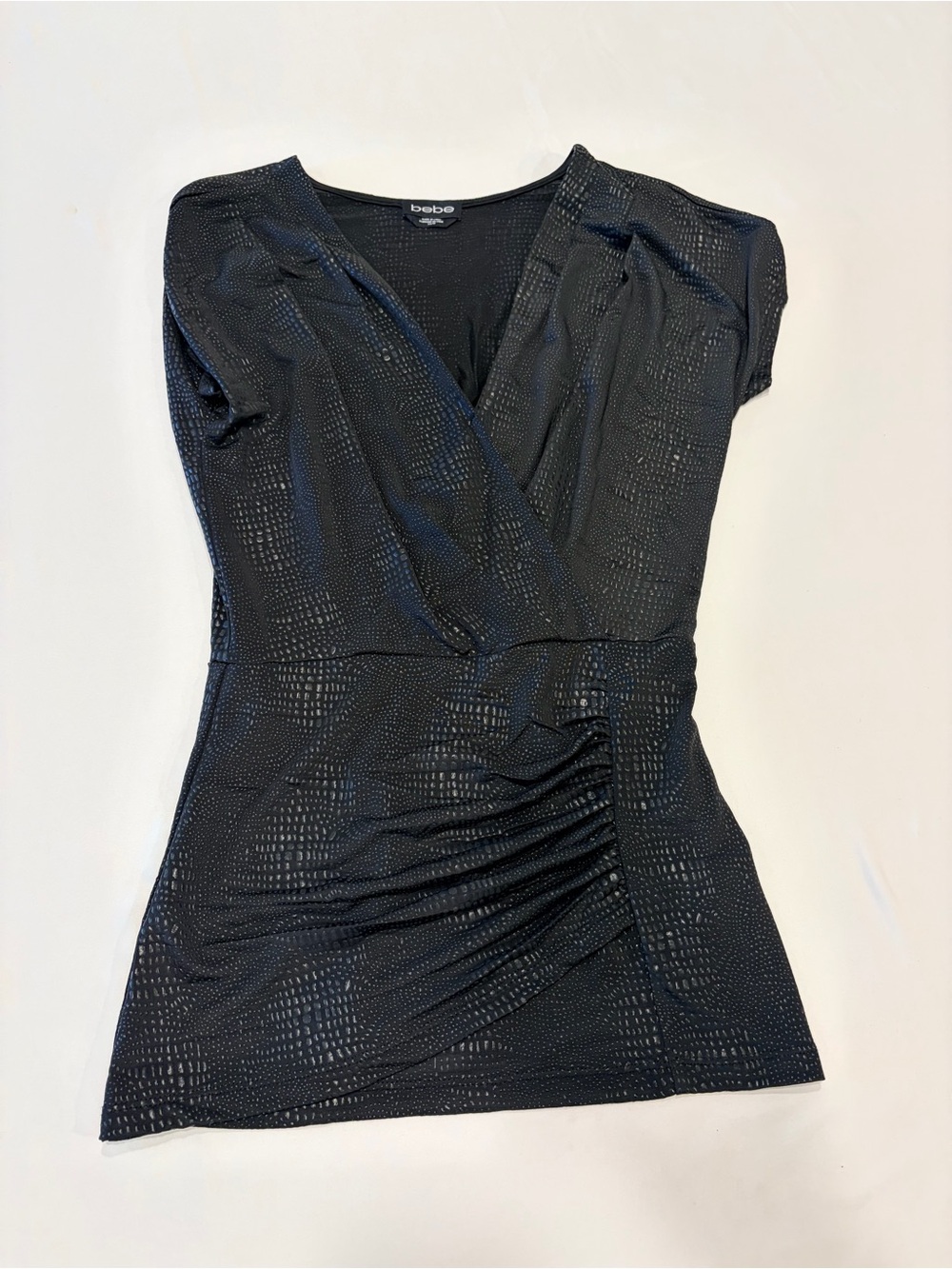 Bebe Black Faux Snakeskin Reptile Print Surplice Ruched Top Size XS